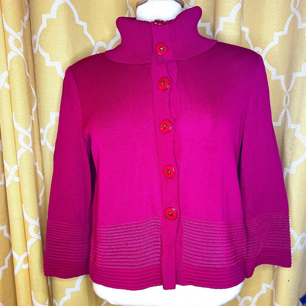 St. John Bright Raspberry Knit Sweater with Buttons, Size M